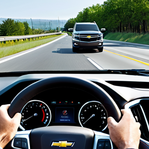 Smart Sensor and Alert System Demo**

A Chevrolet Tahoe, fully clothed in a modern design, driving on a highway with other cars, appropriate attire. The dashboard displays alerts from the blind spot monitoring and forward collision alert systems. Focus on the technology interface. Safe for work, professional car photography, perfect anatomy, natural proportions, well-formed hands, proper finger count, safe driving, modest content.

**