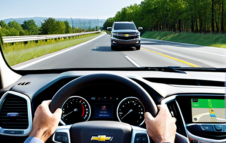 Smart Sensor and Alert System Demo**

A Chevrolet Tahoe, fully clothed in a modern design, driving on a highway with other cars, appropriate attire. The dashboard displays alerts from the blind spot monitoring and forward collision alert systems. Focus on the technology interface. Safe for work, professional car photography, perfect anatomy, natural proportions, well-formed hands, proper finger count, safe driving, modest content.

**