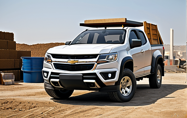 **Prompt:** A robust Chevrolet Colorado pickup truck, fully loaded with construction materials, parked on a dusty worksite. Appropriate attire for construction workers nearby. Safe for work. Professional, detailed, realistic rendering. Perfect anatomy, correct proportions, natural pose, well-formed hands, proper finger count, natural body proportions.